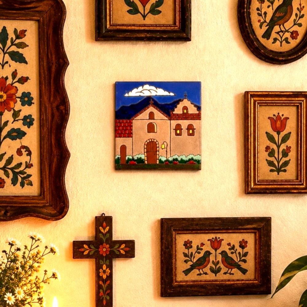 Pacific Blue Tile hand-painted ceramic art of a California historic mission
